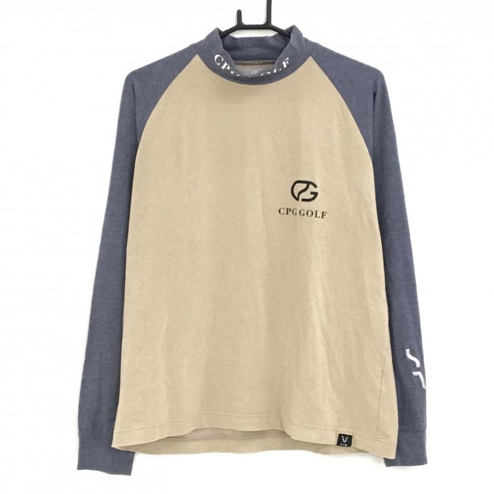 【美品】CPG 長袖ハイネックシャツ ベージュ×グレー 微起毛 ネックロゴプリント  メンズ 3(L) ゴルフウェア 2024年モデル CPG