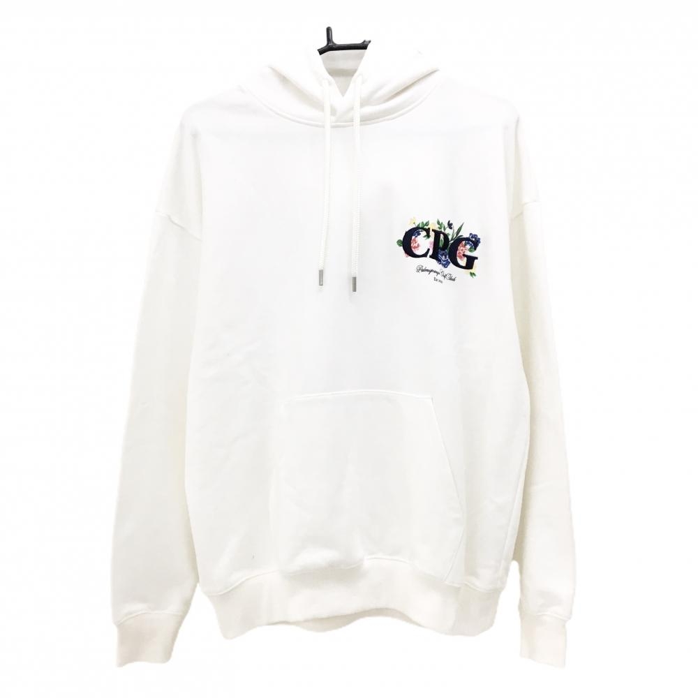 【新品】CPG パーカー 白×ネイビー 胸元ロゴ 花プリント 腹部ポケット メンズ 3(L) ゴルフウェア 2025年モデル CPG