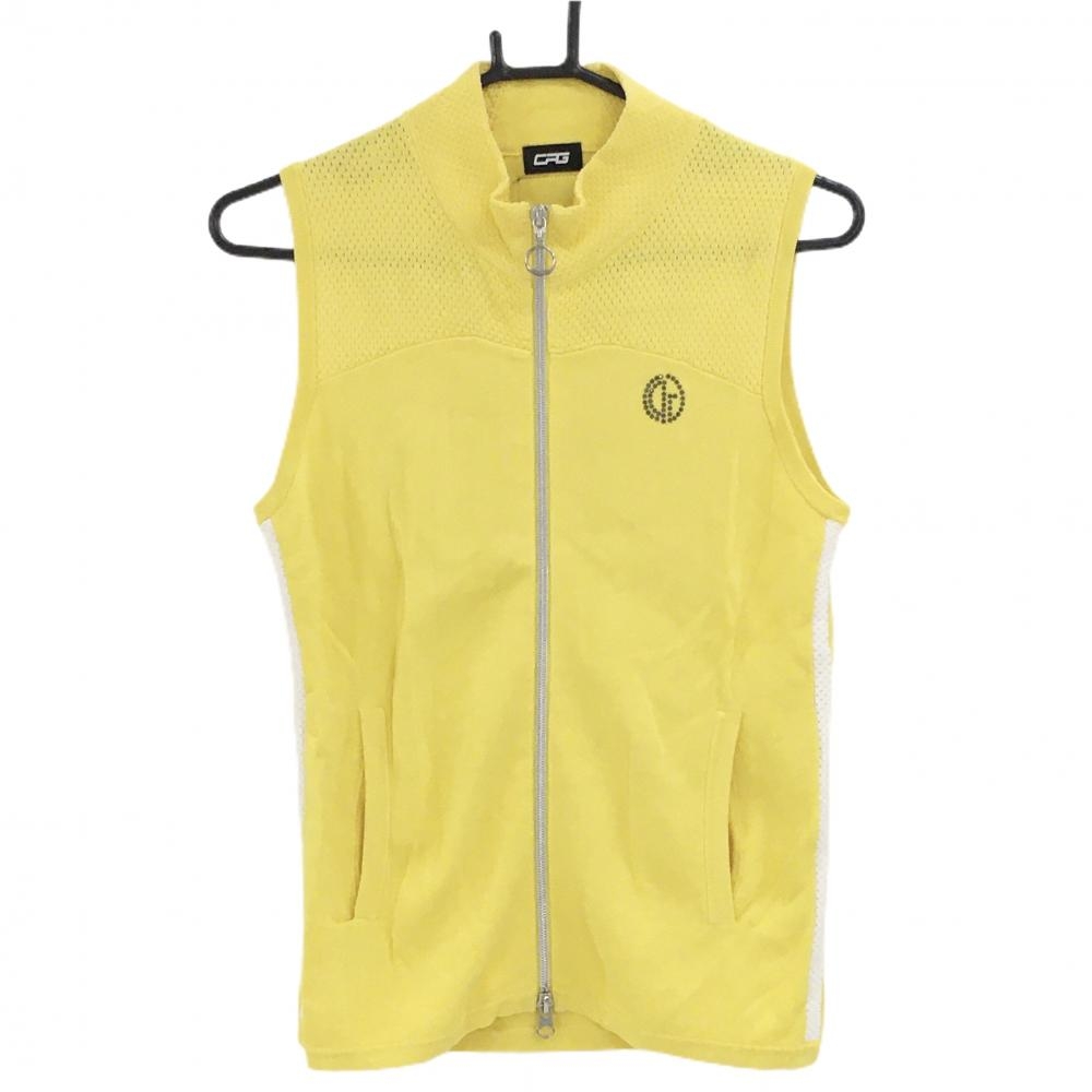 【美品】CPG ニットベスト イエロー×白 一部透かし編み ラインストーン レディース M ゴルフウェア CPG