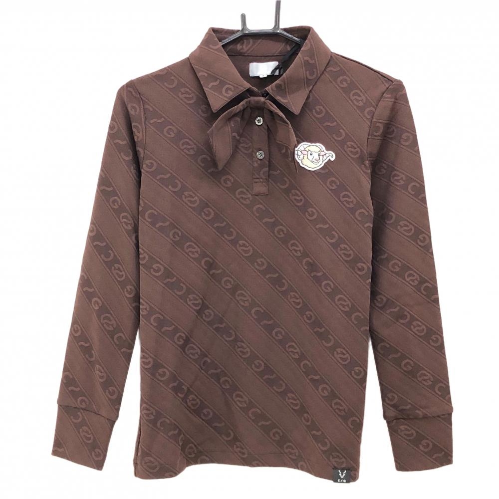 【新品】CPG 長袖ポロシャツ ブラウン ロゴ地模様 斜めストライプ調 ヒツジワッペン 蝶ネクタイ着脱可 レディース 2(M) ゴルフウェア CPG