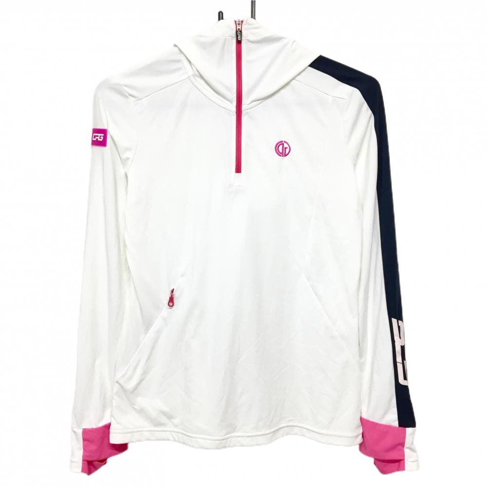 【超美品】CPG フード付き長袖Tシャツ 白×ピンク ハーフジップ 袖シリコンワッペン  レディース M ゴルフウェア CPG