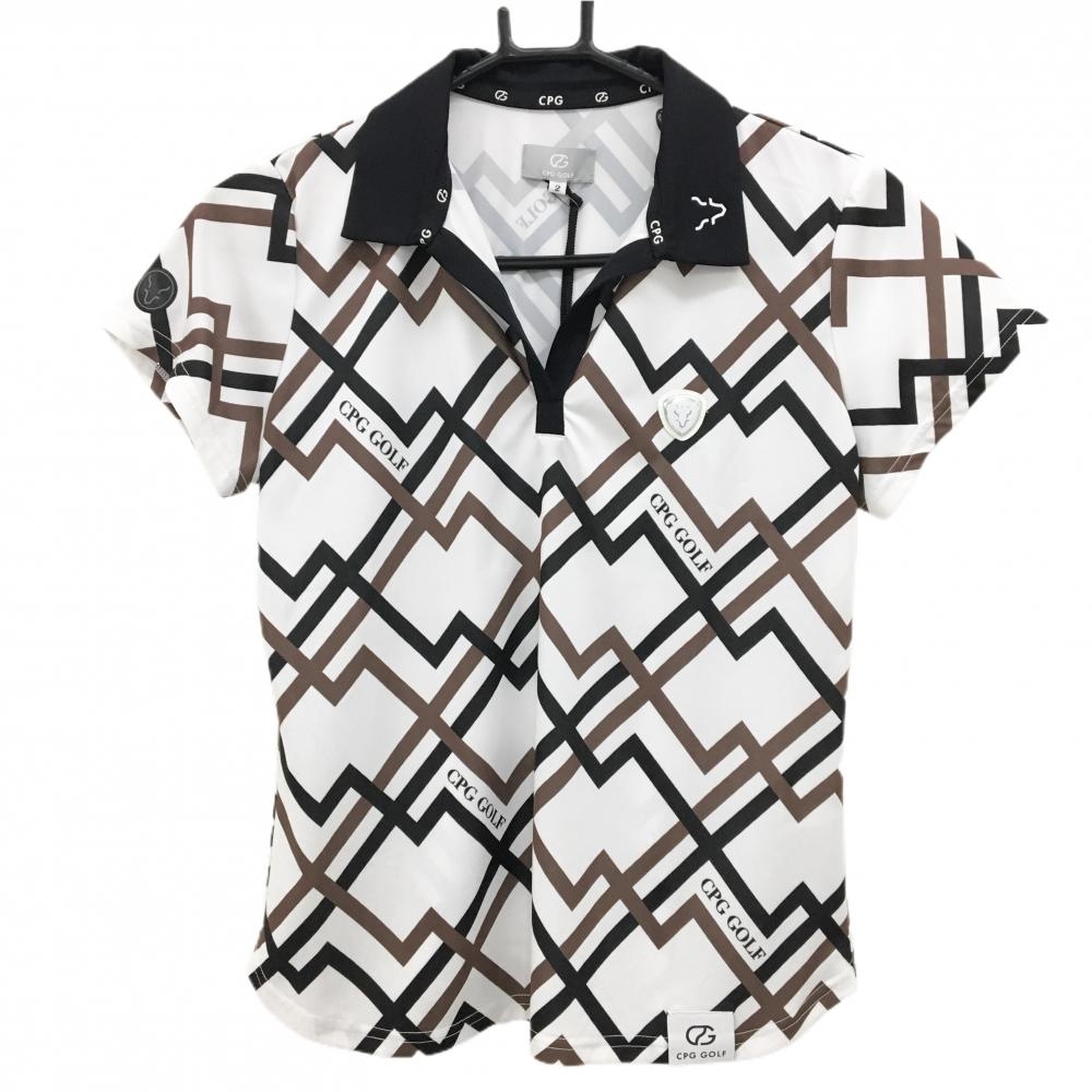 【新品】CPG 半袖スキッパーシャツ 白×黒×ブラウン 総柄 立体ロゴ レディース 2(M) ゴルフウェア 2024年モデル CPG