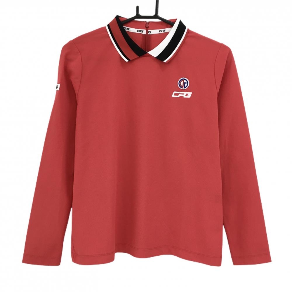 【超美品】CPG 襟付長袖シャツ レッド×白 ワッペン バックファスナー レディース 3(L) ゴルフウェア CPG