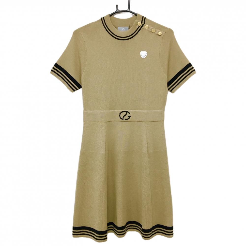 【新品】CPG 半袖ニットワンピース ベージュ×黒 肩ボタン 立体ロゴ レディース 2(M) ゴルフウェア 2024年モデル CPG