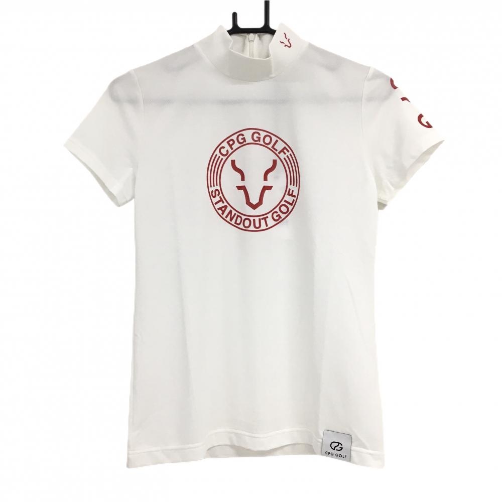 【新品】CPG 半袖ハイネックシャツ 白×レッド メッシュ調 ロゴプリント 後ろハーフジップ レディース 1(S) ゴルフウェア 2024年モデル CPG