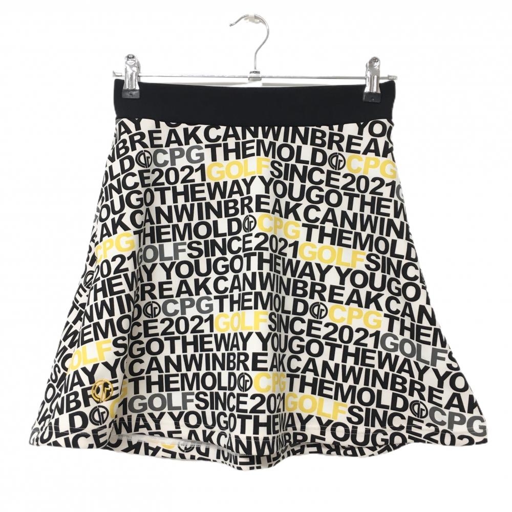 【超美品】CPG ストレッチスカート 白系×黒×イエロー 英字総柄 ウエストゴム レディース 2(M) ゴルフウェア CPG