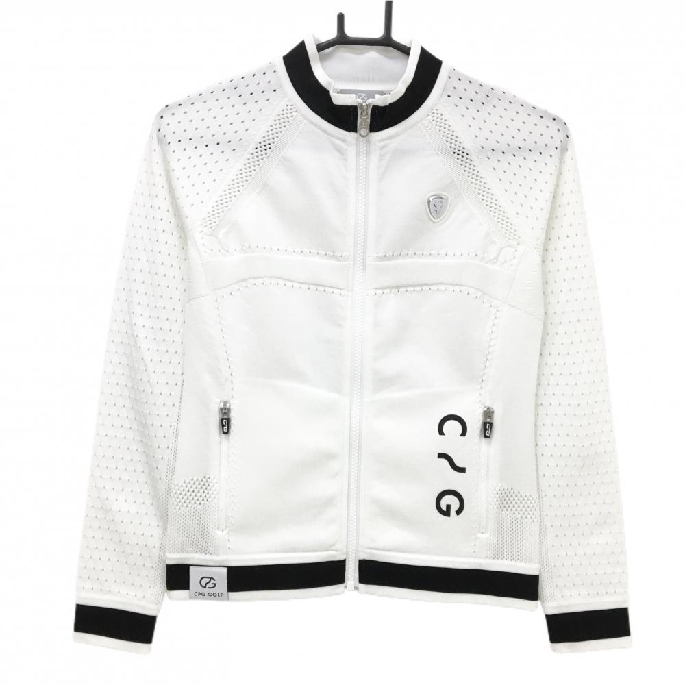 【新品】CPG ニットジャケット 白×黒 透かし編み 立体ロゴ レディース 1(S) ゴルフウェア 2024年モデル CPG