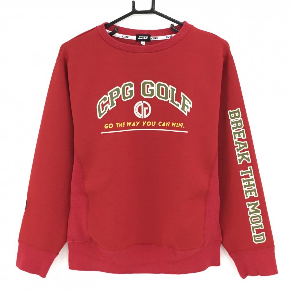 【美品】CPG トレーナー レッド系×カーキ系 ロゴプリント ダンボールニット調 レディース 2(M) ゴルフウェア CPG