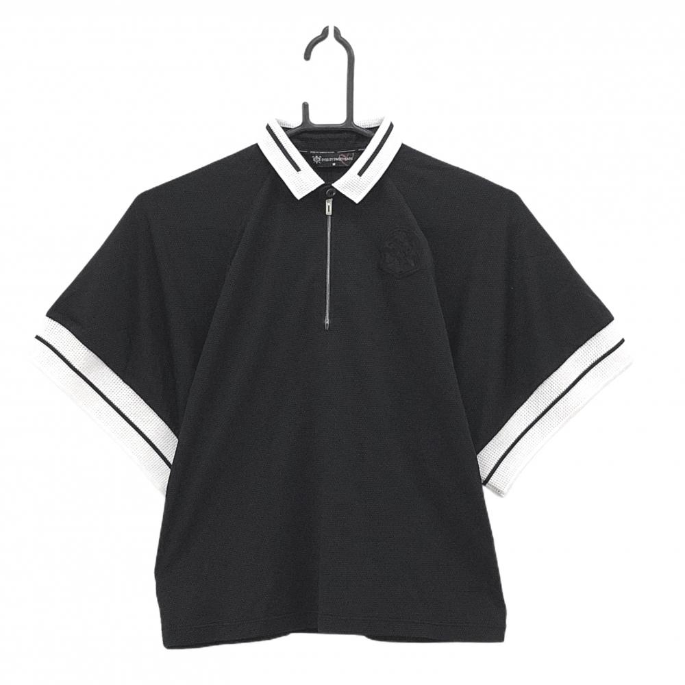 【超美品】SY32 半袖ポロシャツ 黒×白 ハーフジップ 織生地 胸ロゴ レディース M ゴルフウェア 2023年モデル SY32 BY SWEET YEARS