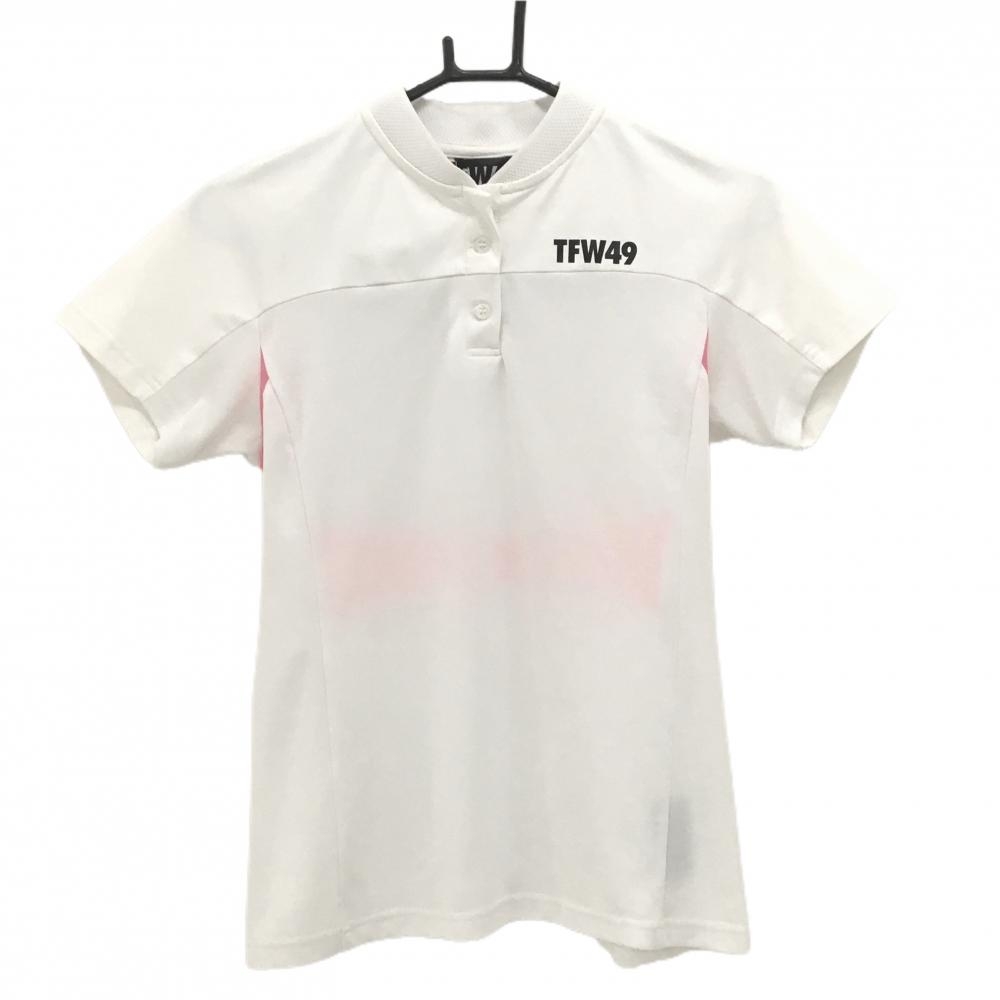 【美品】TFW49 半袖ポロシャツ 白×蛍光ピンク スタンドカラー 一部スナップボタン  レディース M ゴルフウェア TFW49