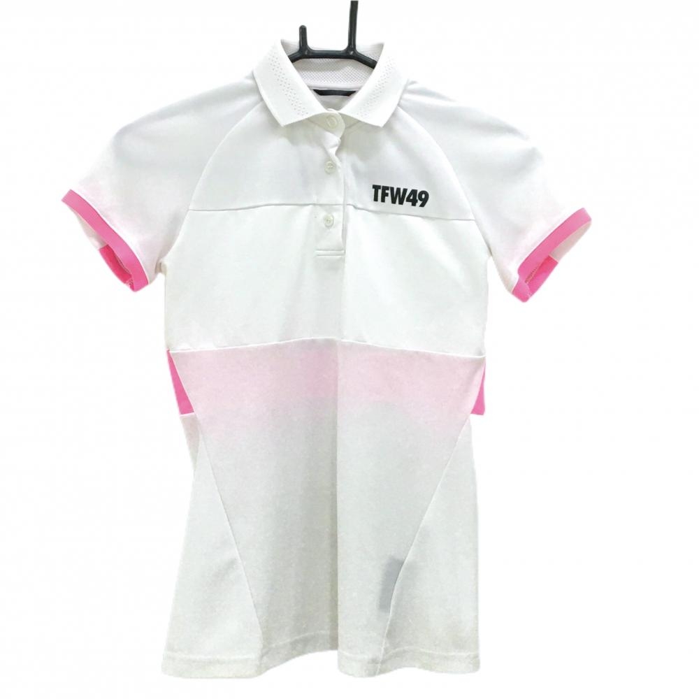 【美品】TFW49 半袖ポロシャツ 白×蛍光ピンク 襟一部メッシュ  レディース M ゴルフウェア TFW49