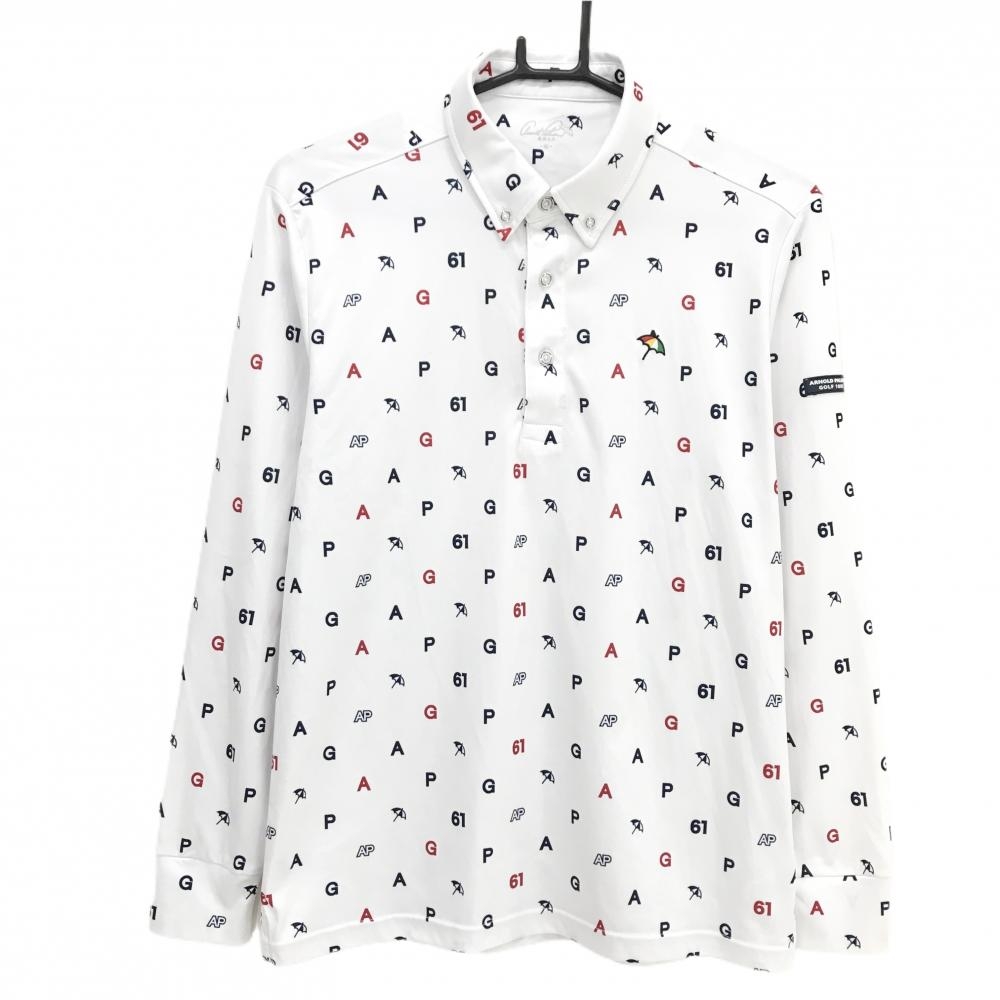 【美品】アーノルドパーマー 長袖ポロシャツ 白×ネイビー 総柄 ボタンダウン メンズ M ゴルフウェア Arnold Palmer