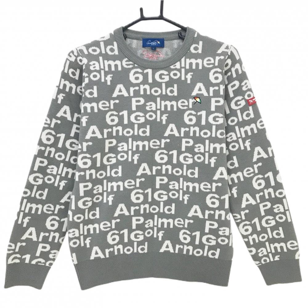 【美品】アーノルドパーマー セーター グレー×白 ロゴ総柄 ニット  レディース L ゴルフウェア Arnold Palmer