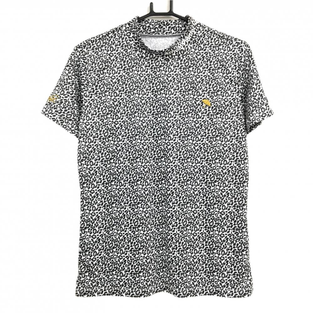 【超美品】アーノルドパーマー 半袖ハイネックシャツ 白×黒 ヒョウ柄 レオパード ロゴ刺しゅう レディース O ゴルフウェア Arnold Palmer
