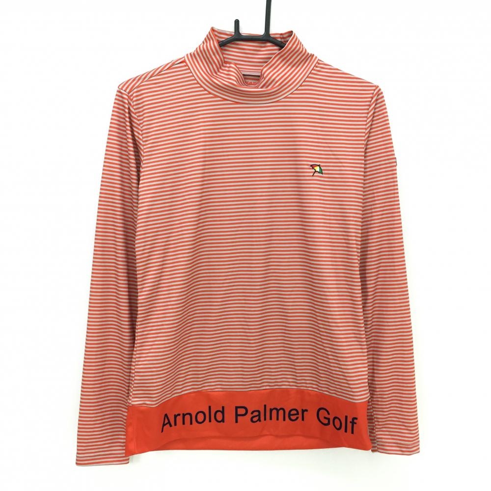 【超美品】アーノルドパーマーゴルフ 長袖ハイネックシャツ オレンジ×ベージュ系 ボーダー レディース O(XL) ゴルフウェア Arnold Palmer