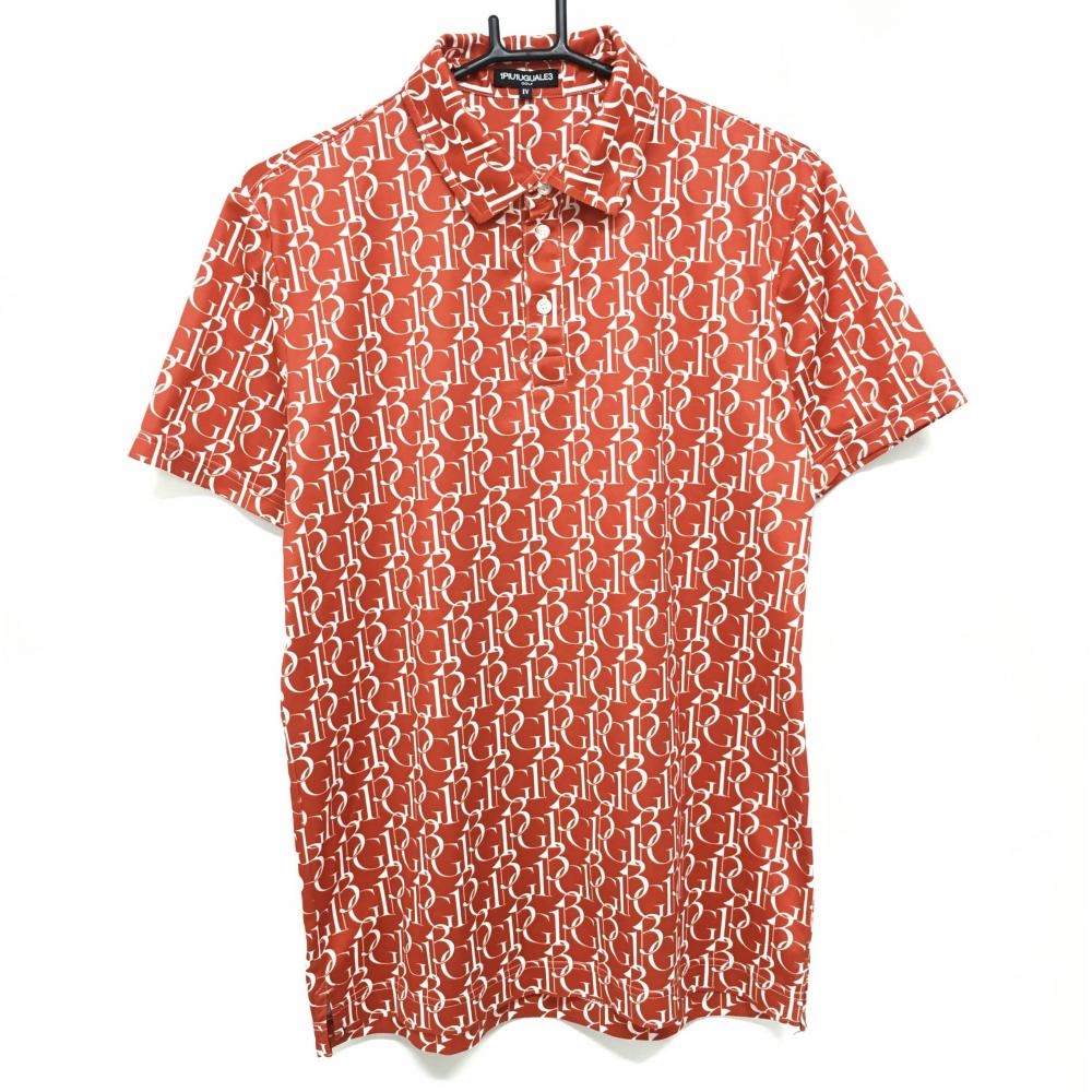 【美品】ウノピゥウノウグァーレトレゴルフ 半袖ポロシャツ レッド×白 ロゴ総柄 メンズ IV(M) ゴルフウェア 1PIU1UGUALE3 