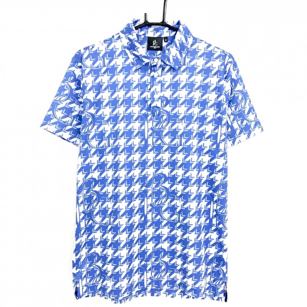 【超美品】ウノピゥウノウグァーレトレ 半袖ポロシャツ ブルー×白 千鳥格子 ロゴ メンズ IV(M) ゴルフウェア 1PIU1UGUALE3 