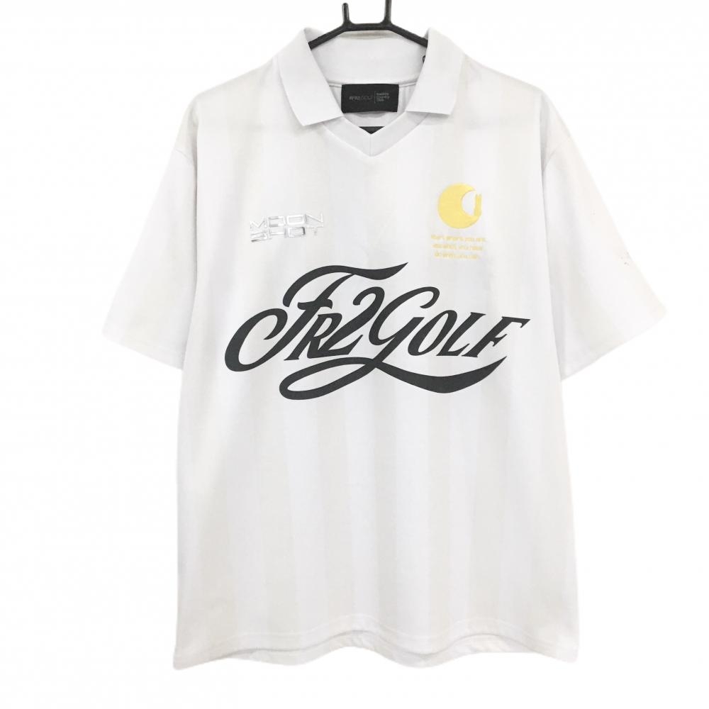エフアールツー 襟付き半袖シャツ 白×ライトベージュ ストライプ ビッグロゴ  メンズ XL ゴルフウェア #FR2 GOLF
