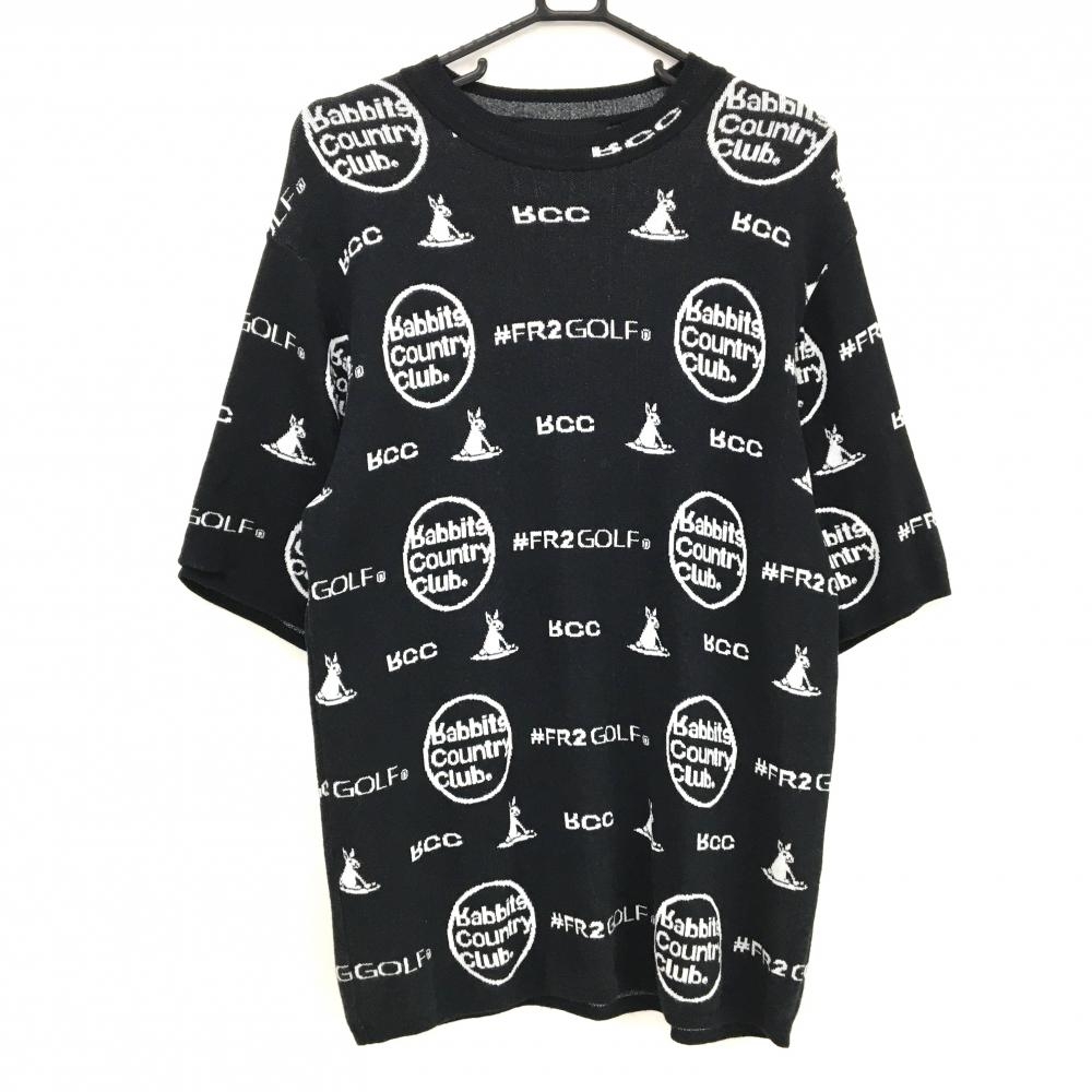 【美品】エフアールツー 半袖セーター 黒×白 ロゴ総柄 コットン100% ニット メンズ L ゴルフウェア #FR2 GOLF