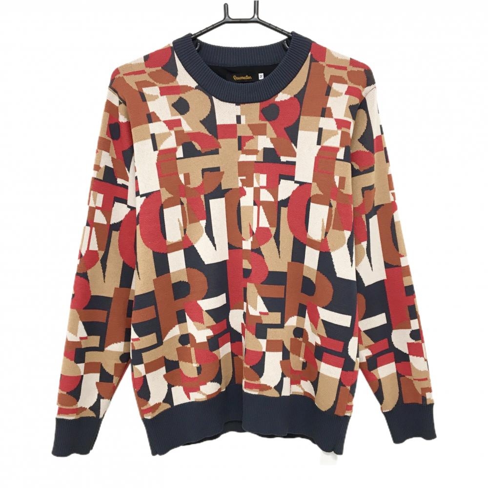 【美品】レザレクション 裏地付セーター グレー×レッド×ブラウン 総柄 ニット メンズ M ゴルフウェア Resurrection