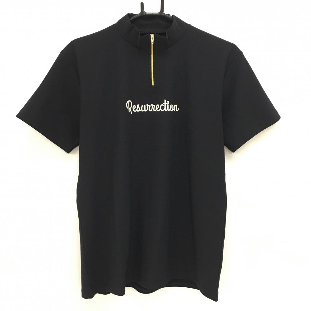 【超美品】レザレクション 半袖ハイネックシャツ 黒 ハーフジップ ロゴプリント メンズ M ゴルフウェア Resurrection
