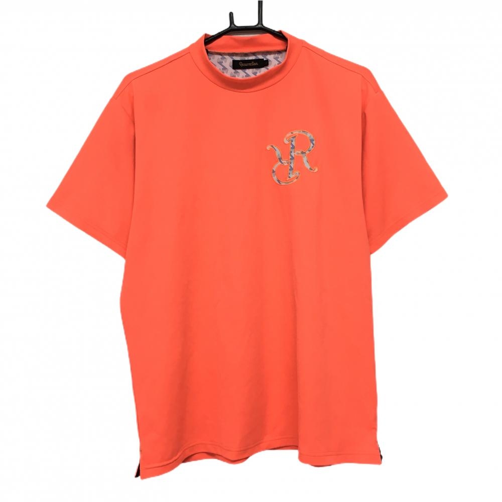 【超美品】レザレクション 半袖ハイネックシャツ 蛍光オレンジ ロゴ総柄  メンズ L ゴルフウェア Resurrection