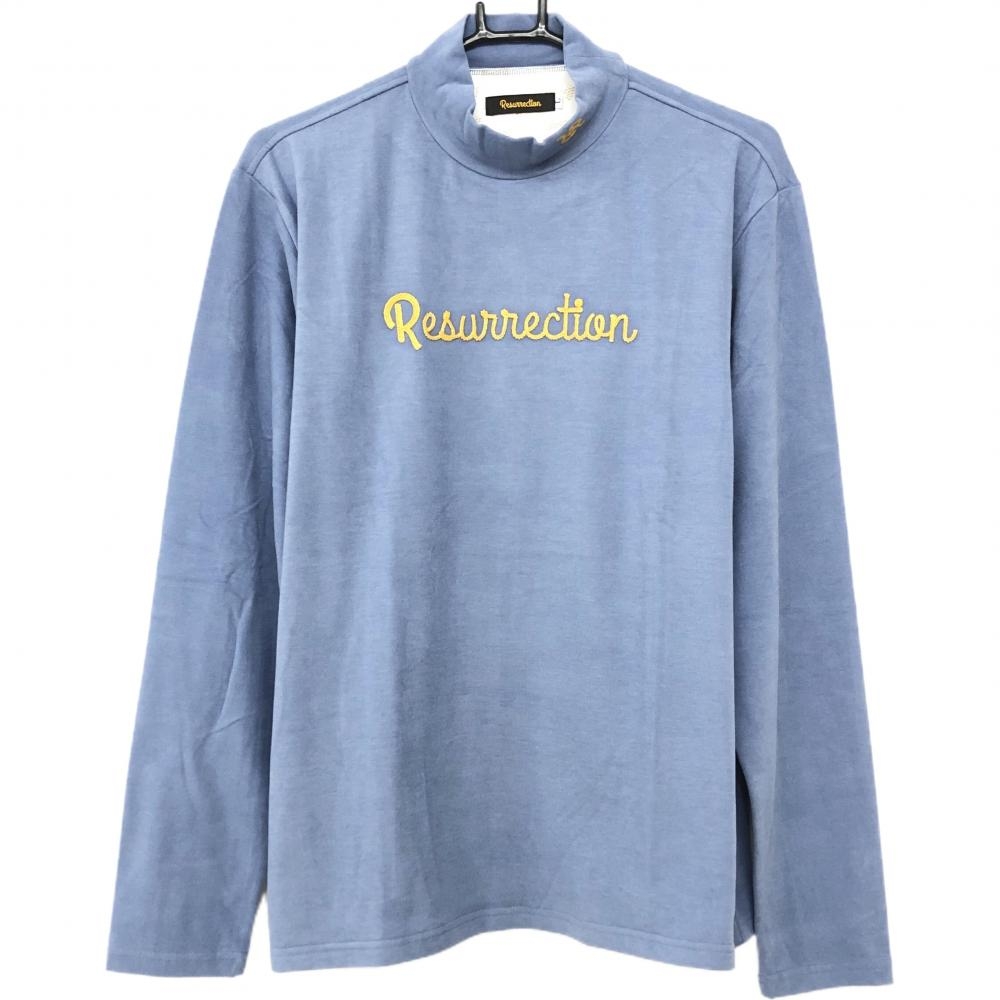 【超美品】レザレクション 長袖ハイネックシャツ ライトブルー系 ロゴ刺しゅう 表微起毛 メンズ L ゴルフウェア Resurrection