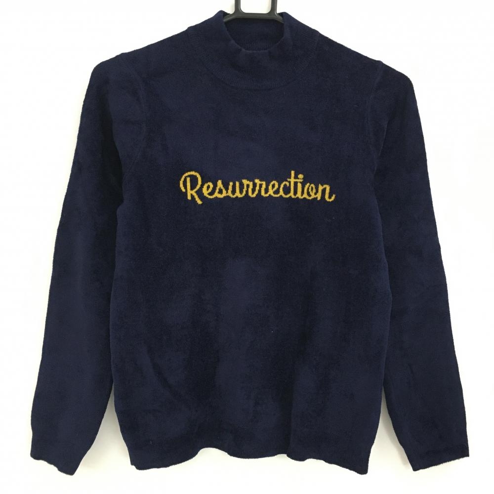【超美品】レザレクション ハイネックセーター ネイビー ニット ロゴイエロー レディース S ゴルフウェア Resurrection