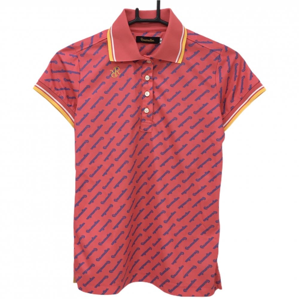 【超美品】レザレクション 半袖ポロシャツ レッド系×ブルー 斜めロゴ総柄 ロゴ刺しゅう  レディース S ゴルフウェア Resurrection
