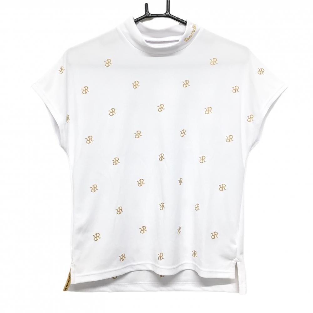 レザレクション 半袖ハイネックシャツ 白×イエローブラウン ロゴ刺しゅう総柄 フレンチスリーブ ネック汚れ レディース  ゴルフウェア Resurrection