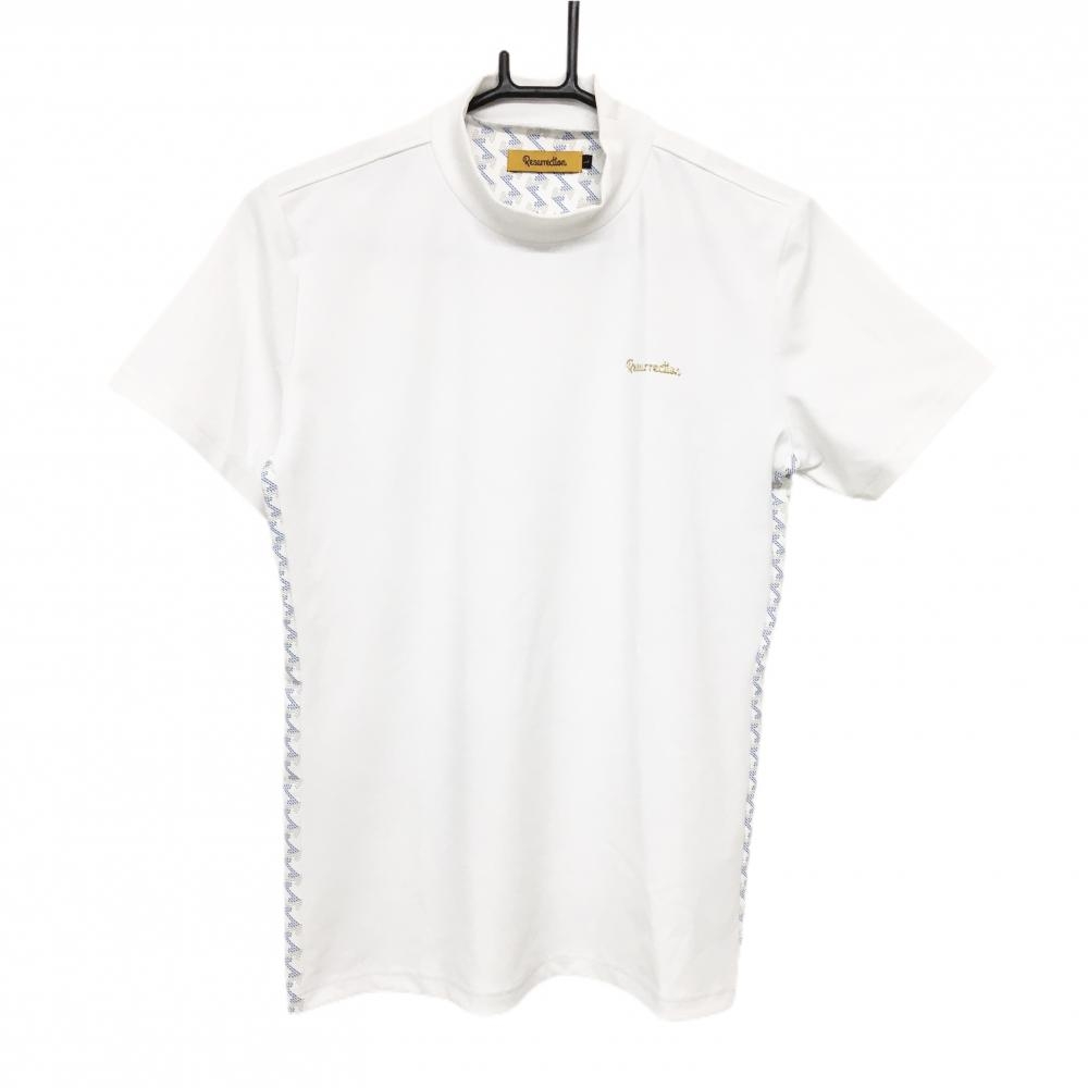 レザレクション 半袖ハイネックシャツ 白×ブルー サイド切替総柄 レディース L ゴルフウェア Resurrection