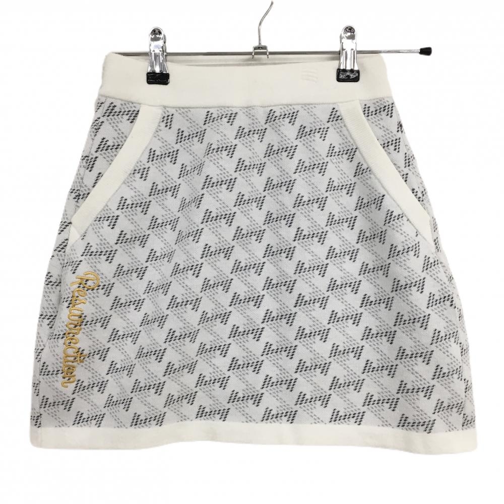 【美品】レザレクション ニットスカート 白×ダークグレー 総柄 ウエストゴム＆調節紐  レディース XS ゴルフウェア Resurrection