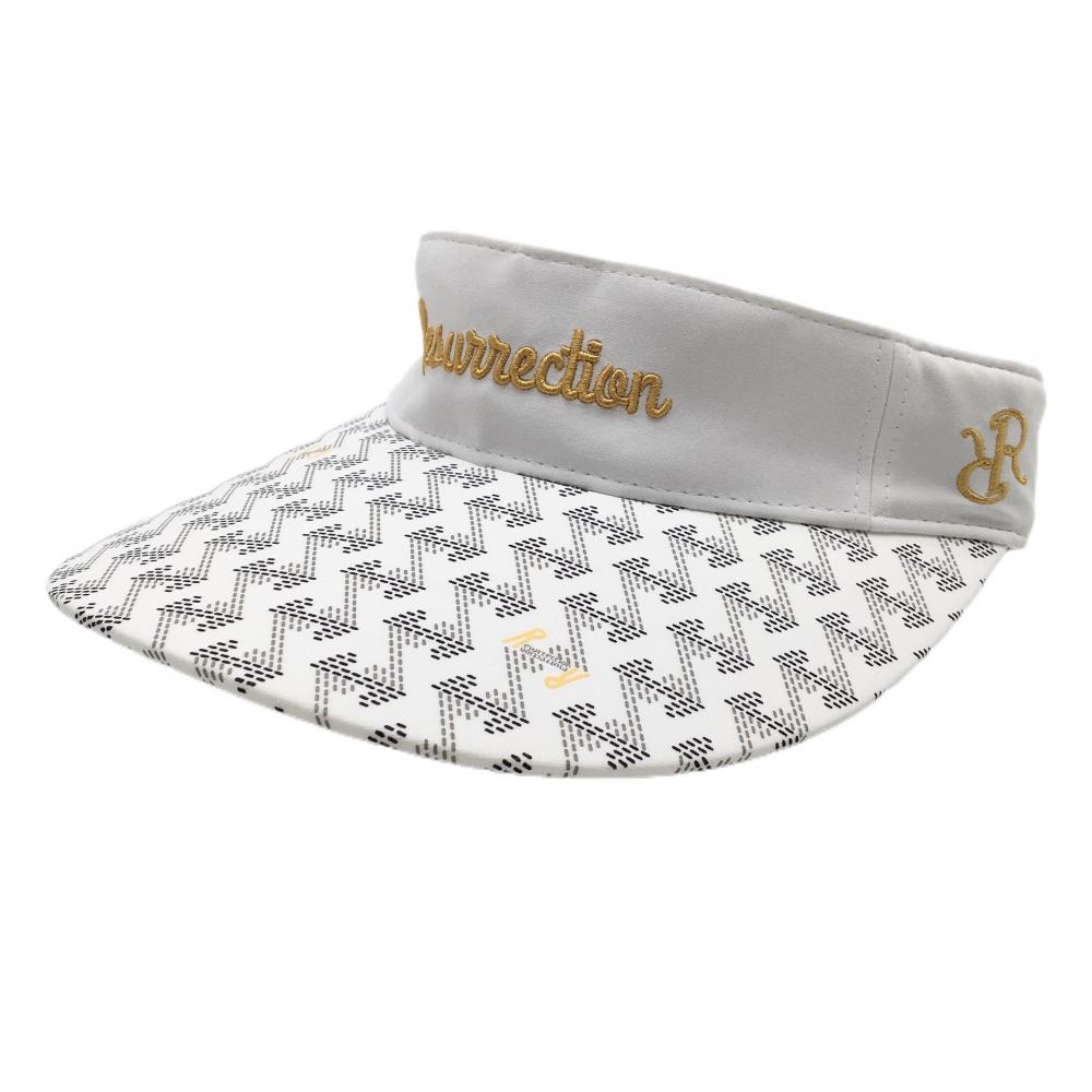 【美品】レザレクション つば広サンバイザー 白×グレー つば総柄 ロゴ刺しゅう レディース フリーサイズ ゴルフウェア Resurrection