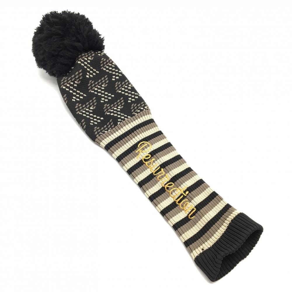 【美品】レザレクション ヘッドカバー(FW) 黒×グレー ニット ボンボン付 フェアウェイウッド ゴルフ Resurrection