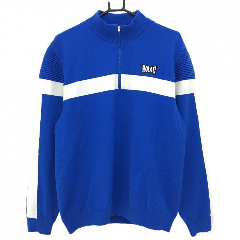 【超美品】ワック ハイネックセーター ブルー×白 胸元袖ライン 裏地付 ハーフジップ ニット メンズ 3(L) ゴルフウェア WAAC