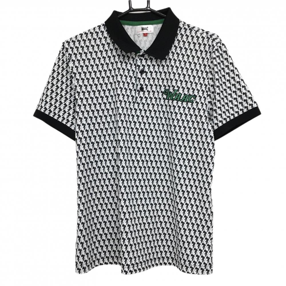 【超美品】ワック 半袖ポロシャツ 白×黒 総柄 ロゴグリーン メンズ 1(S) ゴルフウェア WAAC