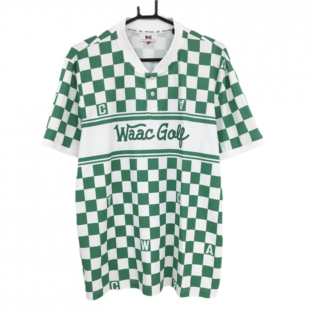 【超美品】ワック 半袖ポロシャツ 白×グリーン ブロックチェック スタンドカラー  メンズ 4(XL) ゴルフウェア WAAC