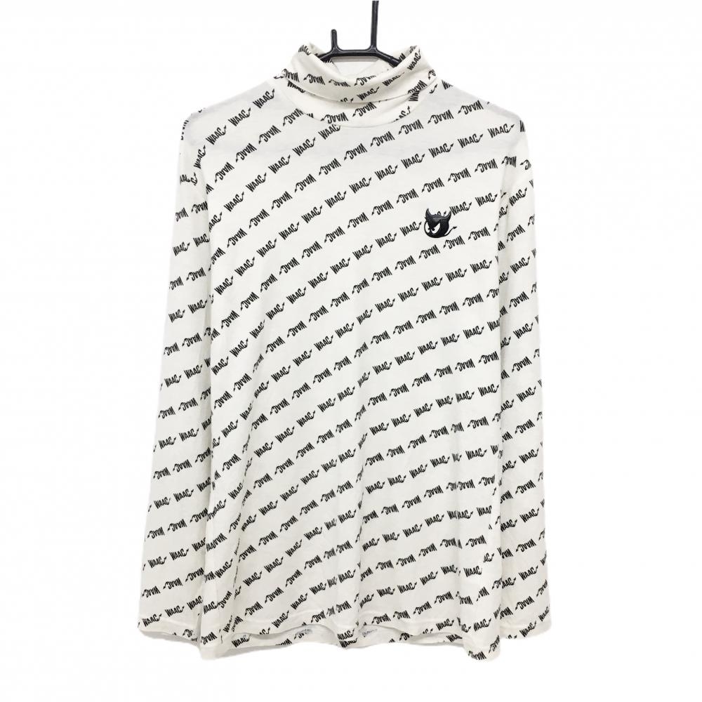 【美品】ワック 長袖ハイネックシャツ 白×黒 ロゴ総柄 表微起毛 アクリル混 繊維付着 メンズ 2(M) ゴルフウェア WAAC