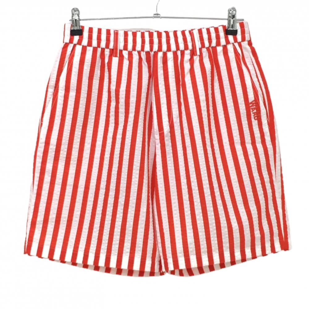 【超美品】ワック ハーフパンツ 白×レッド ストライプ サッカー生地 ウエストゴム メンズ 1(S) ゴルフウェア 2023年モデル WAAC