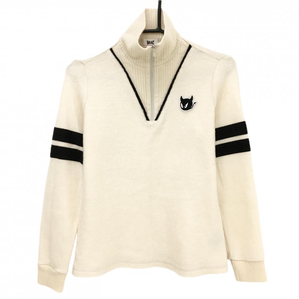 ワック ハイネックセーター アイボリー×黒 起毛 ハーフジップ ウール混 ニット レディース 2(M) ゴルフウェア WAAC
