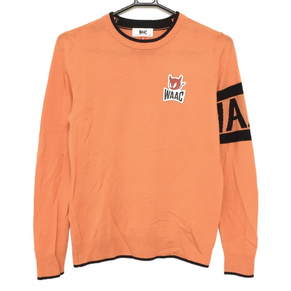 【超美品】ワック セーター オレンジ×黒 羊毛100％ ニット 薄手 ロゴワッペン レディース 2(M) ゴルフウェア WAAC