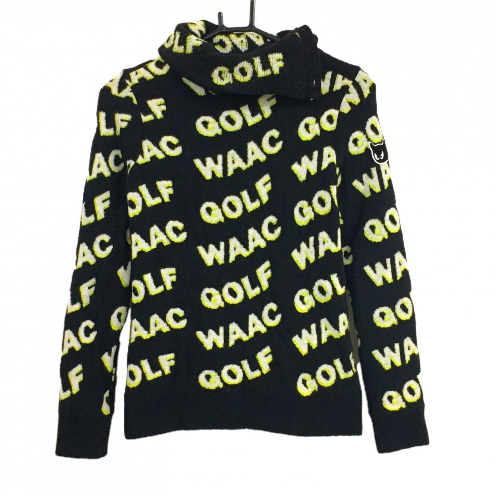 ワック セーター 黒×白 ロゴ総柄 裏地付 ウール混 ニット レディース 2(M) ゴルフウェア WAAC