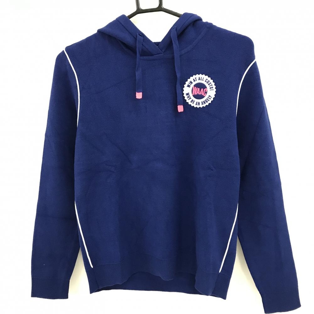 【超美品】ワック ニットパーカー ブルー 胸元ワッペン バックロゴ レディース 2(M) ゴルフウェア WAAC