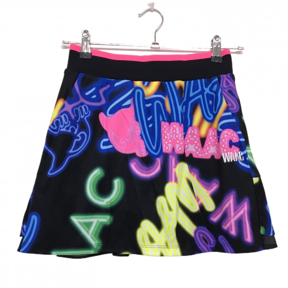 【美品】ワック スカート 黒×マルチカラー 総柄 ウエストゴム 内側インナーパンツ レディース 0(XS) ゴルフウェア WAAC