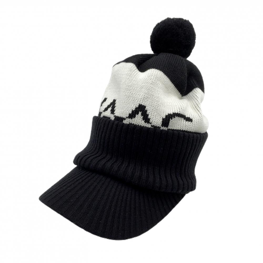 【超美品】ワック つば付ニット帽 黒×白 ボンボン・ネックウォーマー付 アクリル100％ レディース FREE ゴルフウェア WAAC